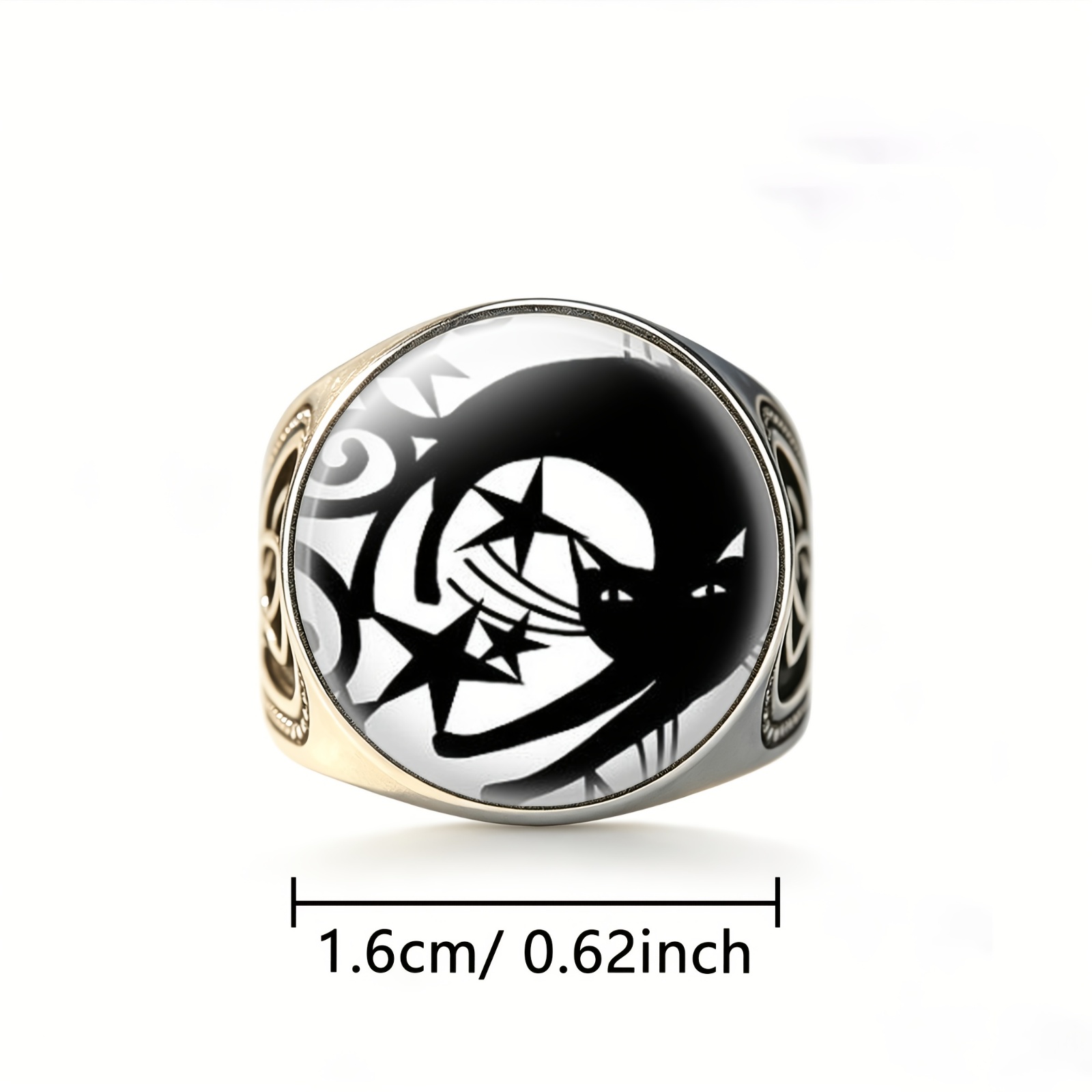 Classic Carved Open Ring with Cat and Moon Stars Design